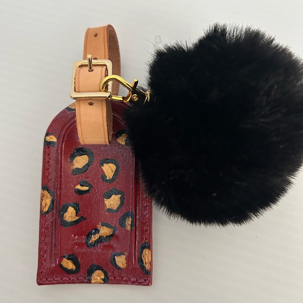 Hand painted LV luggage tag with keychain hardware added